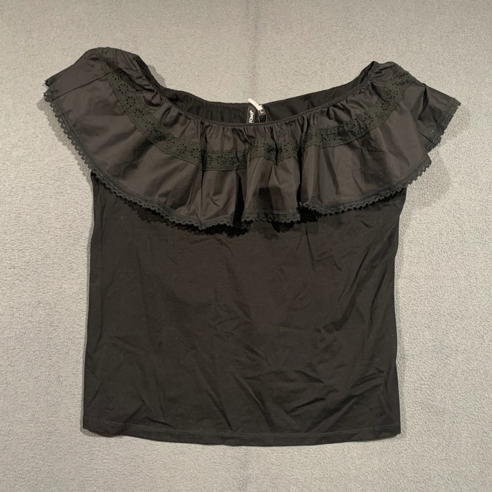 Ravel Black Off the Shoulder Ruffle Eyelet Lace Trim Blouse Top Womens Large NEW